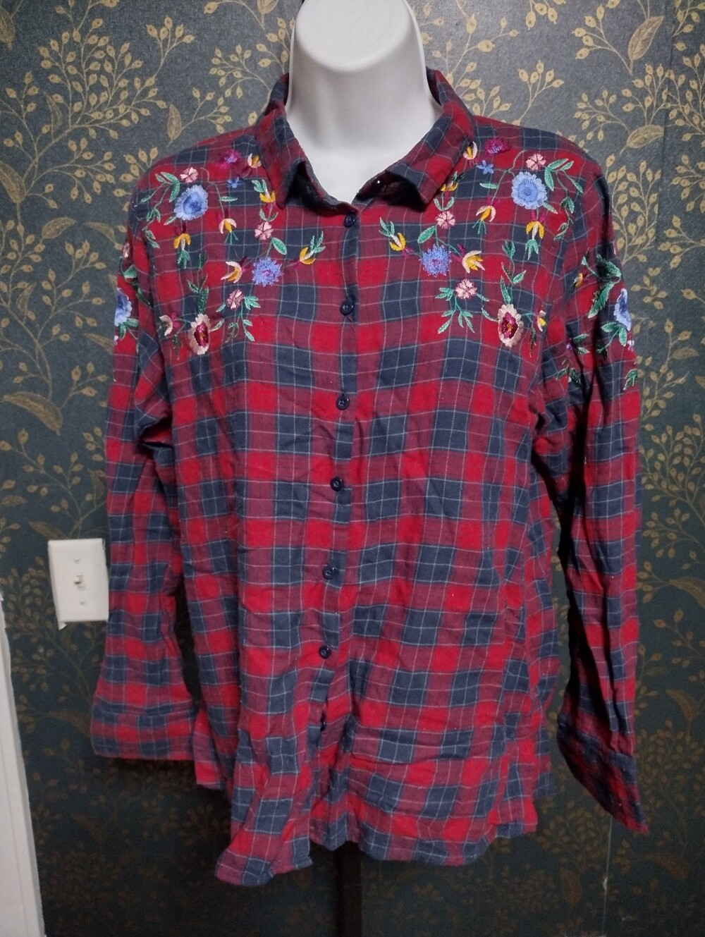 Project 28 Red and Navy Plaid Button-Down Shirt with Floral Embroidery